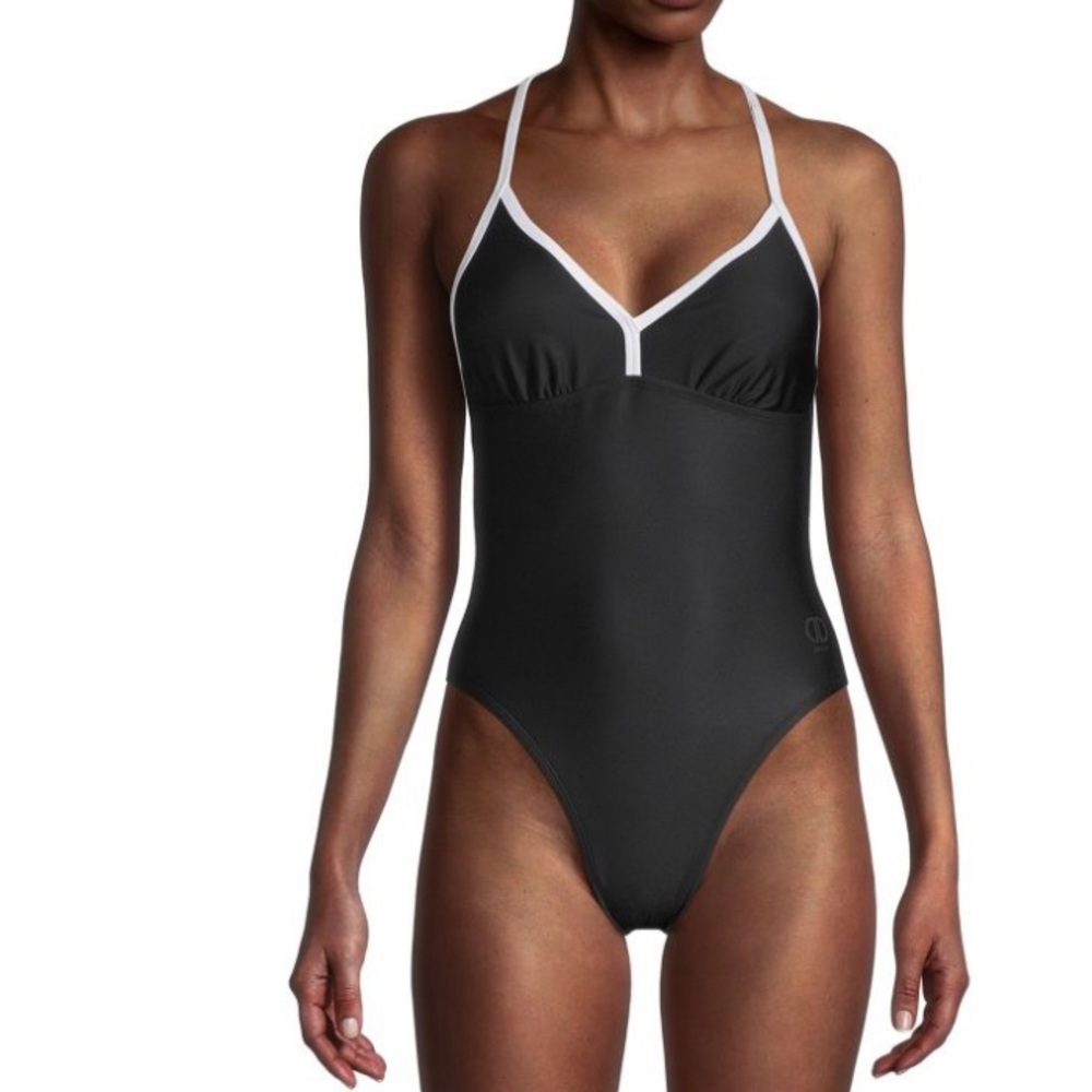 DKNY women’s T-Back athletic black with white trim One-Piece Swimsuit size M
